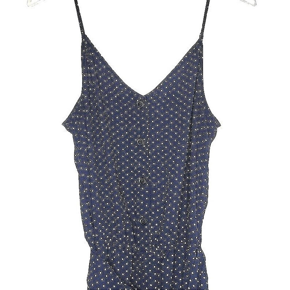 Halogen Strappy Jumpsuit M Navy Blue White Polka Dot V-Neck‎ Button Up Preppy